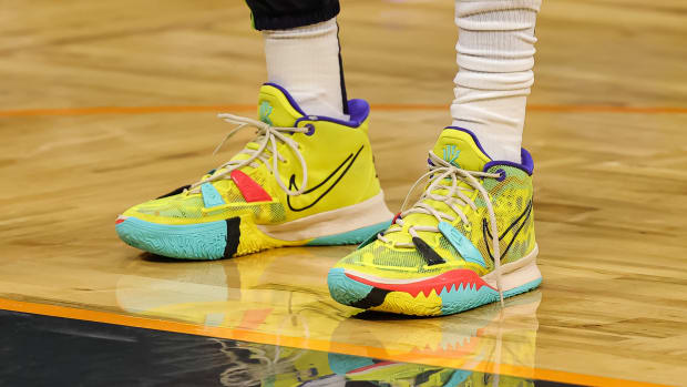 Minnesota Timberwolves forward Jarred Vanderbilt wears the Nike Kyrie 7 sneakers.